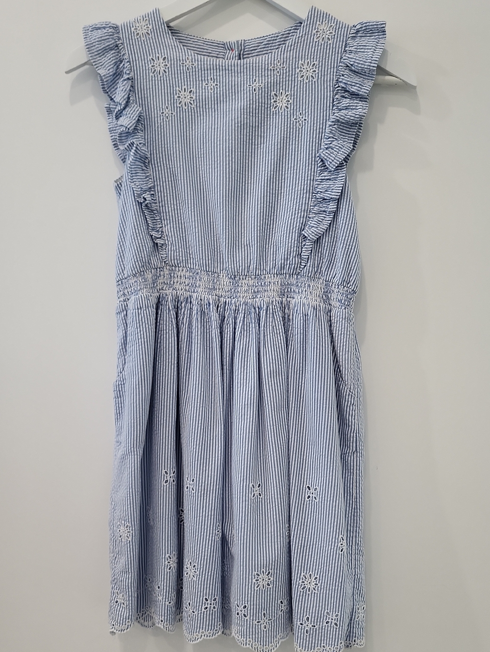 Boden Light Blue & White Striped Ruffle Dress